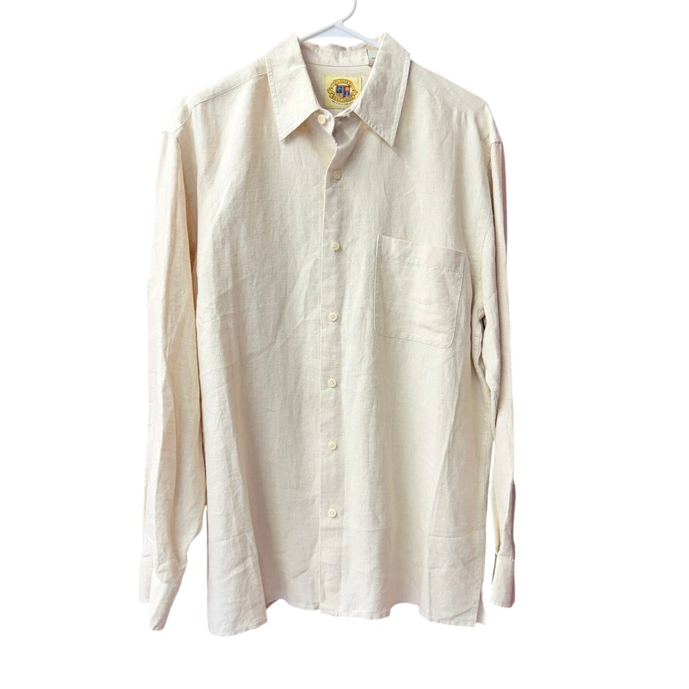 Pusser's West Indies Button Down Shirt Mens Medium Beige 100% Linen Long Sleeve